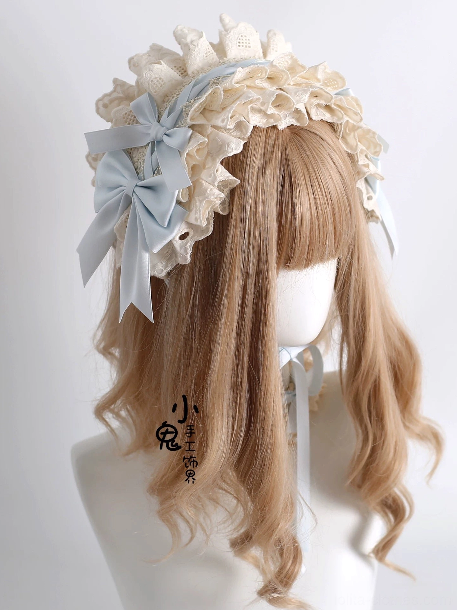 Back view of lace headband headdress showing adjustable lace strap sky blue bows and pearl details matching lolita set