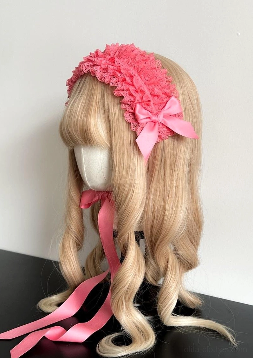 Detailed close-up of customizable lace KC headdress showing hand-stitched ruffled lace trim, satin bow embellishment, and fine construction details