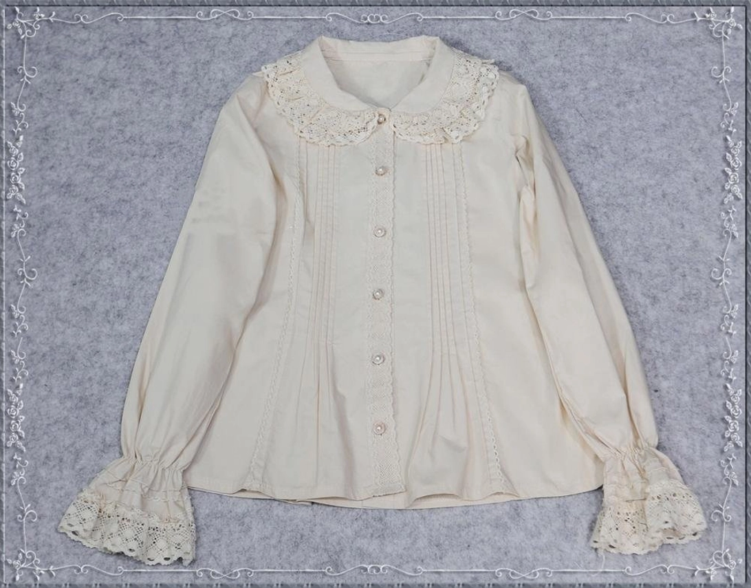 Vintage lace cotton Lolita blouse layering coordination example with JSK pinafore dress and matching accessories