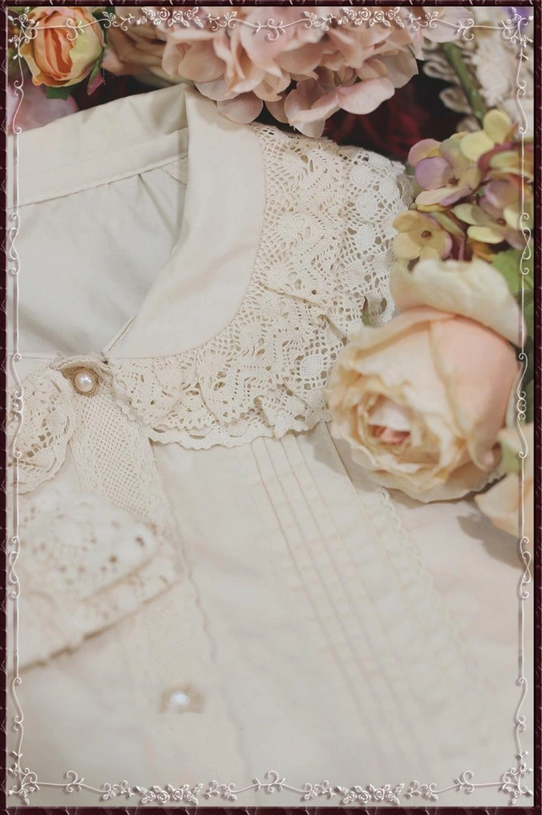 Vintage lace Peter Pan collar cotton Lolita blouse available in white and apricot colors showing color options and versatile styling