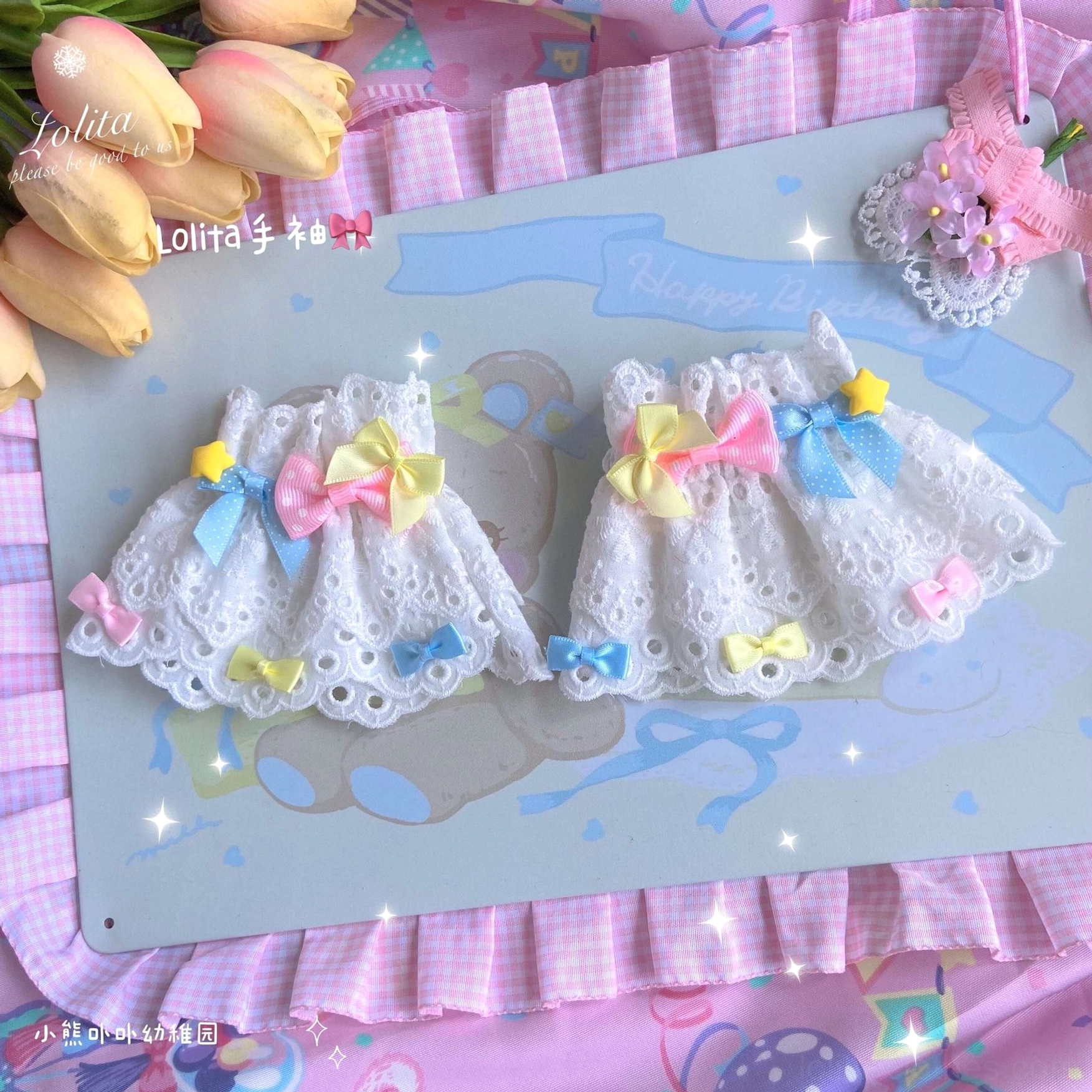 packaged presentation of lace wrist cuffs with heart accents multiple color bow options gift styling