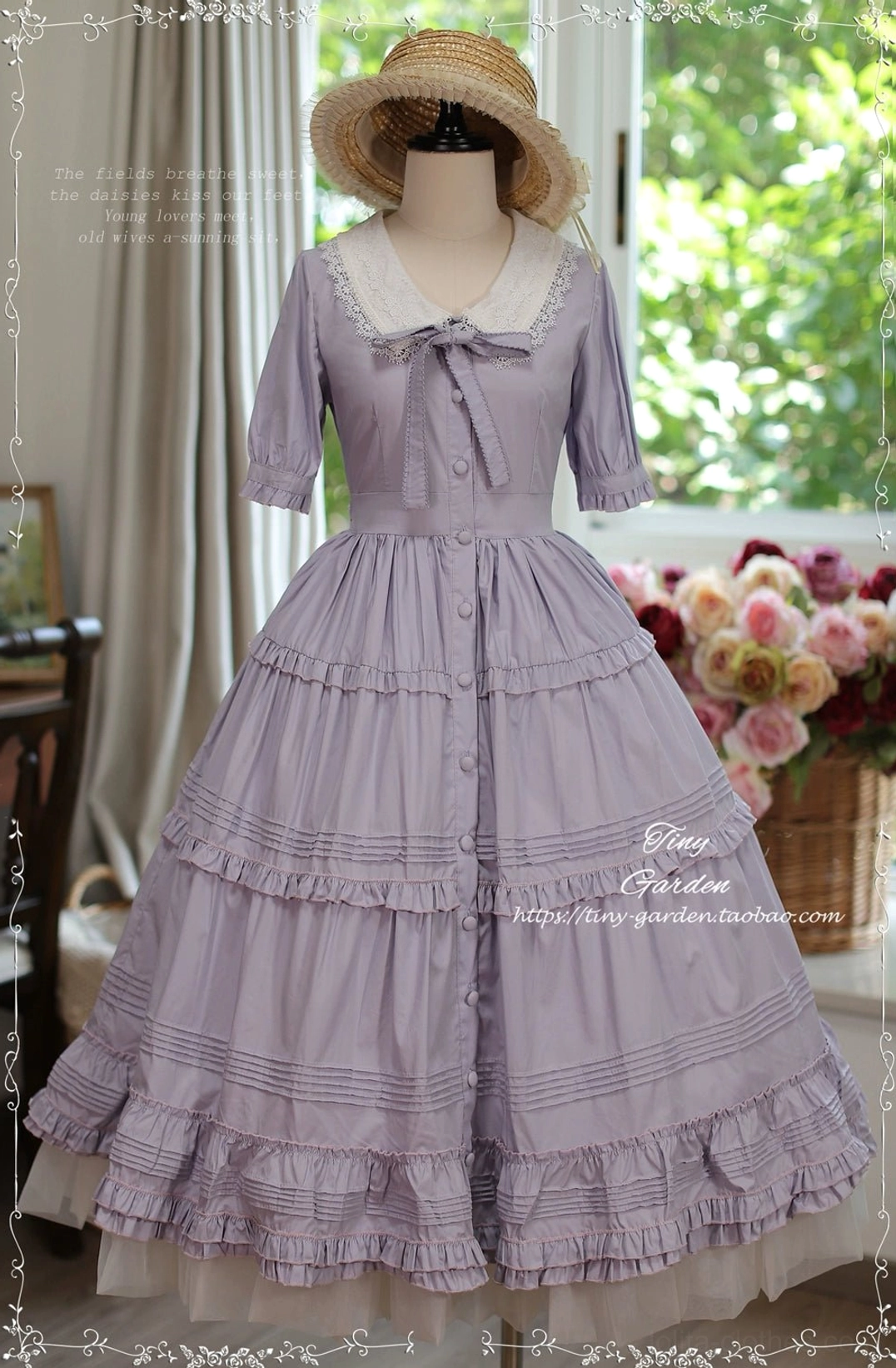 Deep lavender purple classic Lolita OP with lace collar and decorative dogtooth bow, wearing accessories and straw hat with tiered ruffle skirt