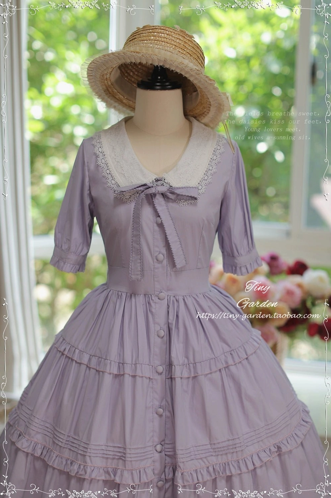 Classic Lolita OP dress back view showcasing intricate pin tucks and pleats on tiered ruffle skirt design with lace collar details