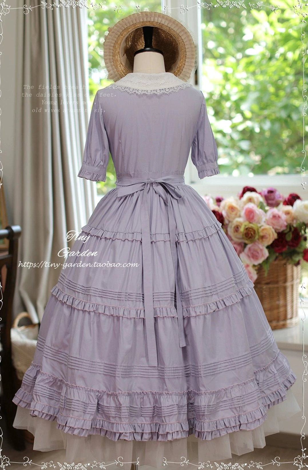 Lacey Garden classic Lolita OP dress full ensemble view showing lace collar, removable waist belt, half sleeves with ruffle cuffs and floor-length tiered skirt