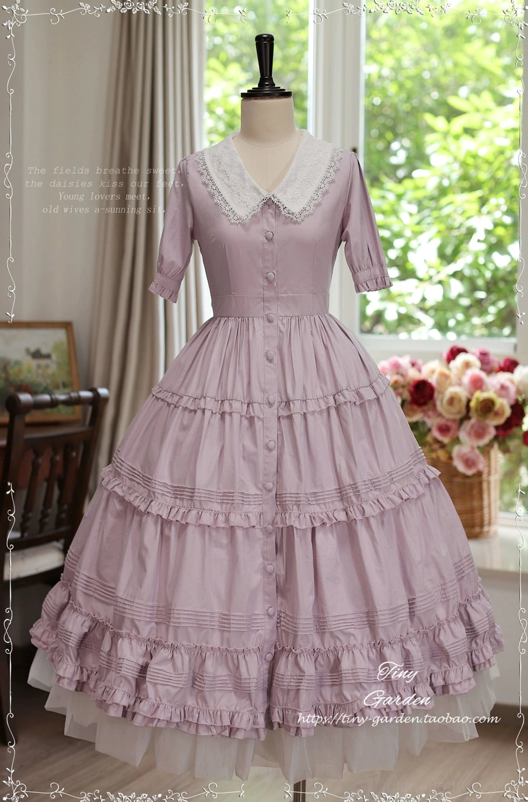 Lavender purple Lolita OP dress with button-down front and intricate lace detailing, floor-length tiered ruffles in vintage-inspired studio