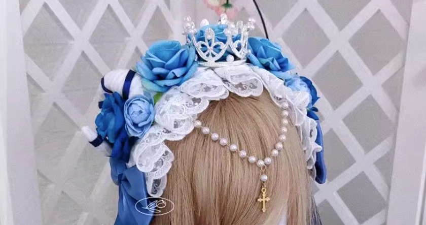 Lake blue Gothic Lolita rose crown headdress with silver crown tulle veil lace trim elegant cool-tone lolita hair accessory