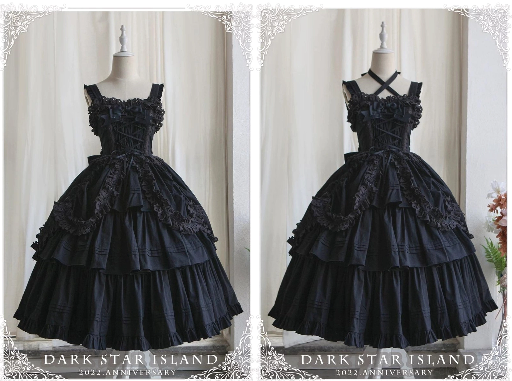Back full-body mannequin shot of lake blue Gothic Lolita JSK with large detachable back bow, back strap design, and elegant ruffled hem