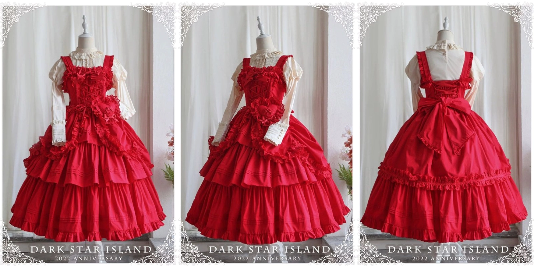 Front full-body mannequin shot of lake blue Gothic Lolita JSK with lace-up corset bodice, tiered ruffled skirt, and shiny satin fabric