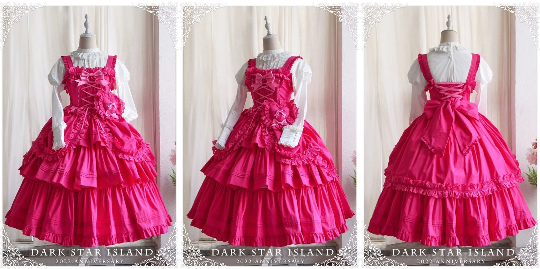 Three-quarter side view of lake blue Lolita JSK on mannequin featuring sheer long sleeves underneath, ruffled collar, and layered skirt structure