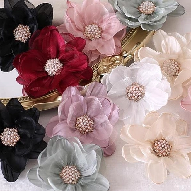 Large organza flower lolita hairpin soft sheer petals pearl cluster center display