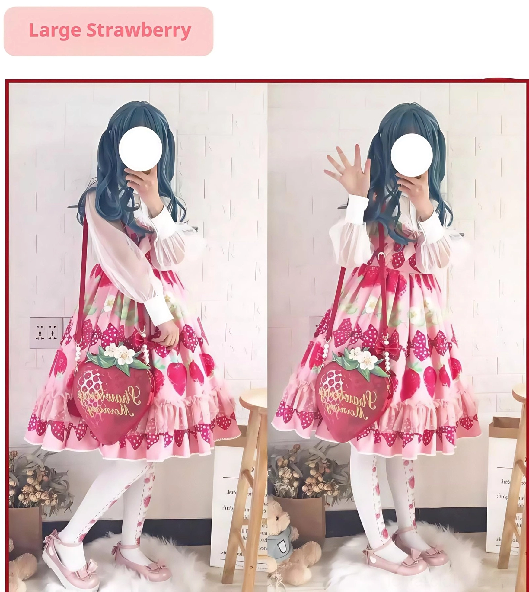 Large strawberry crossbody bag with matching pink strawberry themed sweet lolita dress two models full body
