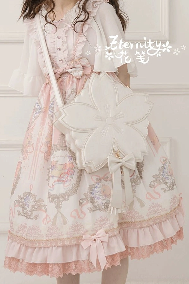 Large white cherry blossom lolita crossbody handbag with 3D petal design and bow decoration full outfit studio shot
