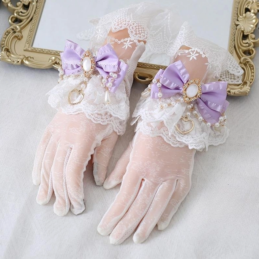 Lavender satin bow vintage lolita lace gloves with gem decor white ruffled cuffs and pearl heart charms detachable