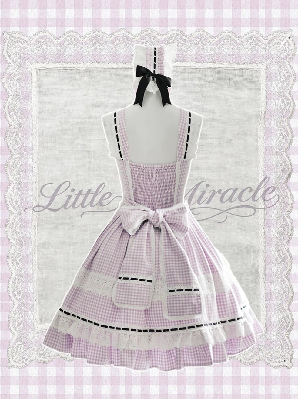 Lavender gingham Lolita JSK jumper skirt back view square back straps large black waist bow side pockets