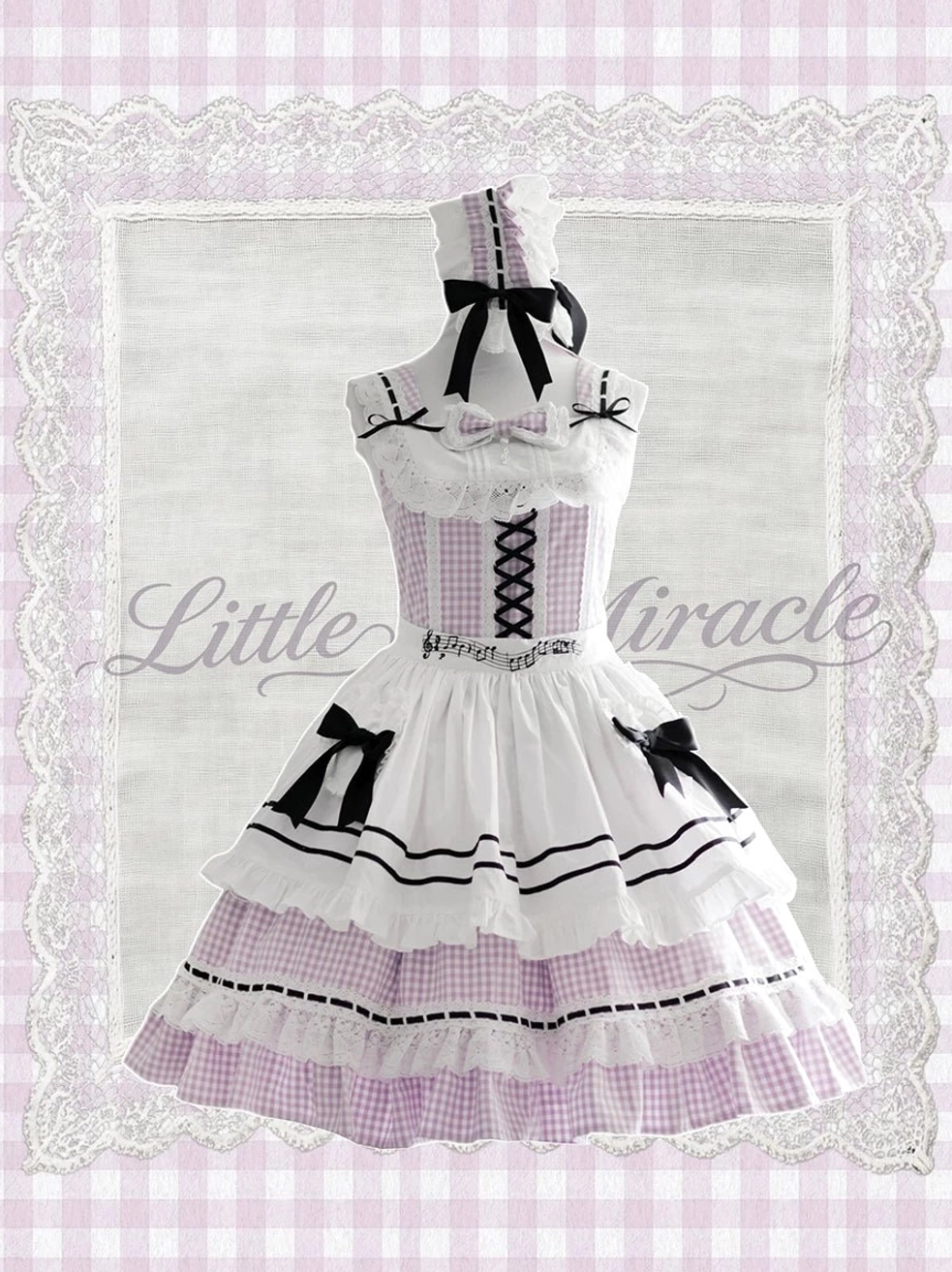 Lavender gingham classic Lolita JSK dress dual black bows corset lace-up front tiered ruffled skirt mannequin