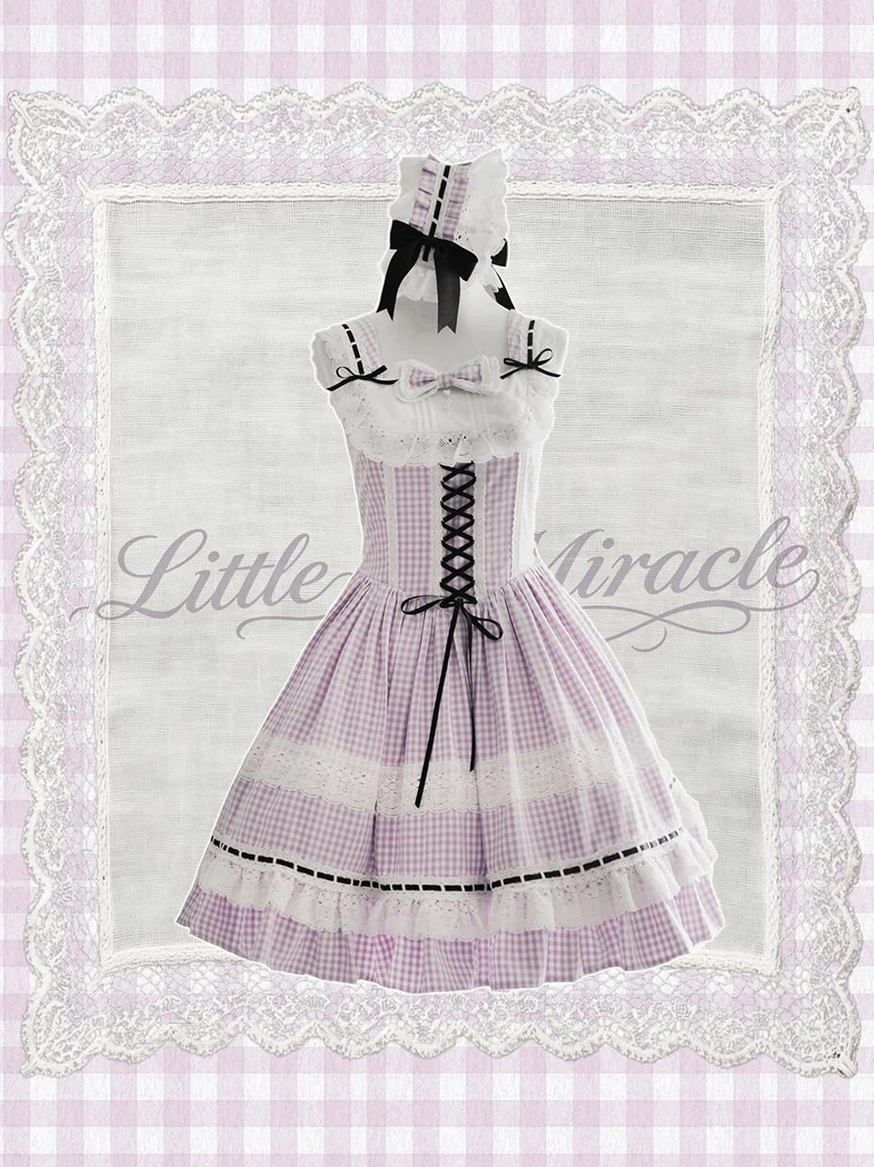 Lavender plaid Old School Lolita JSK jumper skirt with matching bonnet and black lace trim front mannequin display