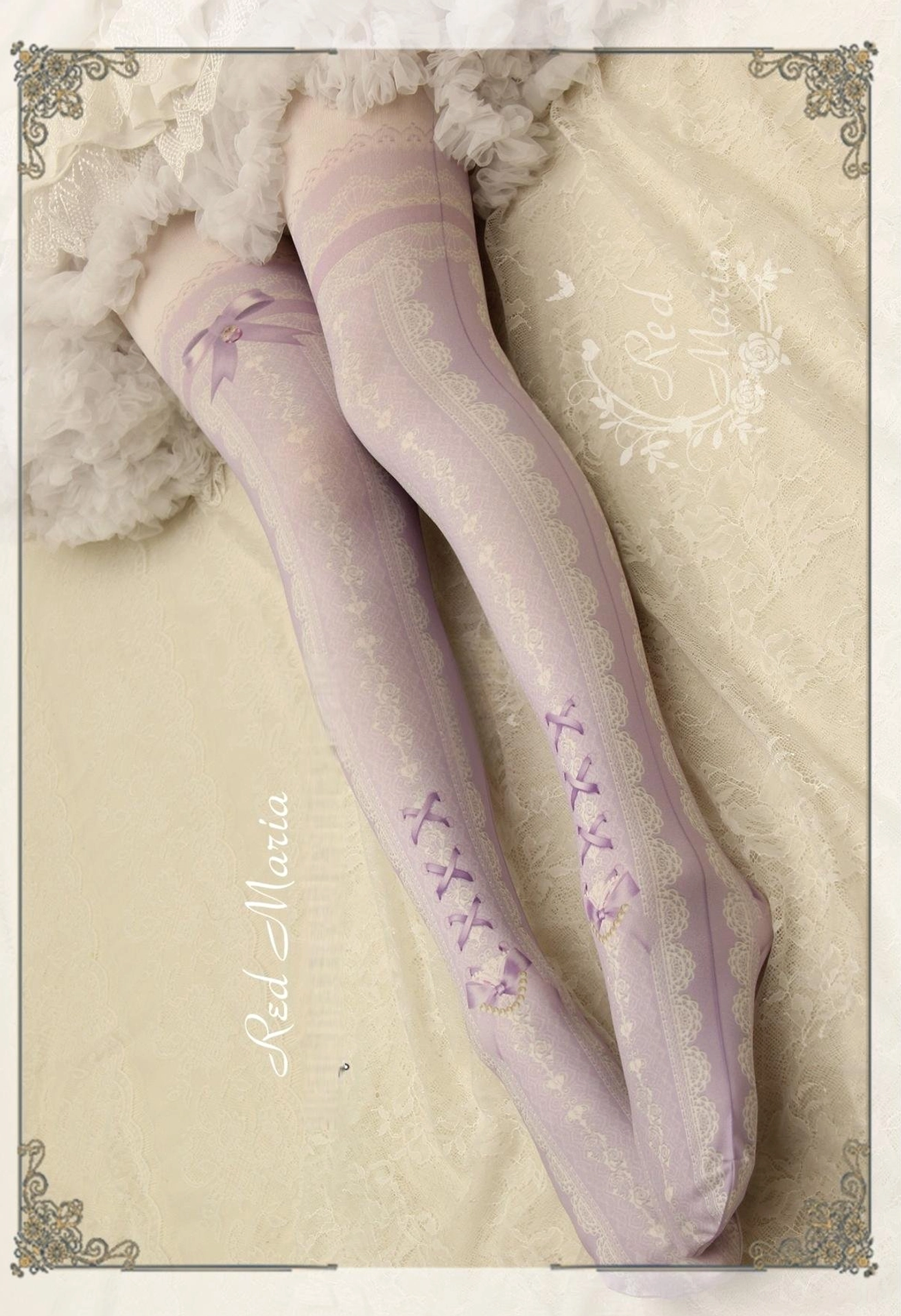 Lavender purple lace bow 80D lolita pantyhose with purple cross stitch embroidery design