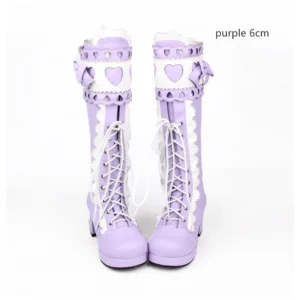 Pastel lavender purple lolita mid-calf boots with 6cm heel labeled close-up front detail showing heart patches and decorative trims