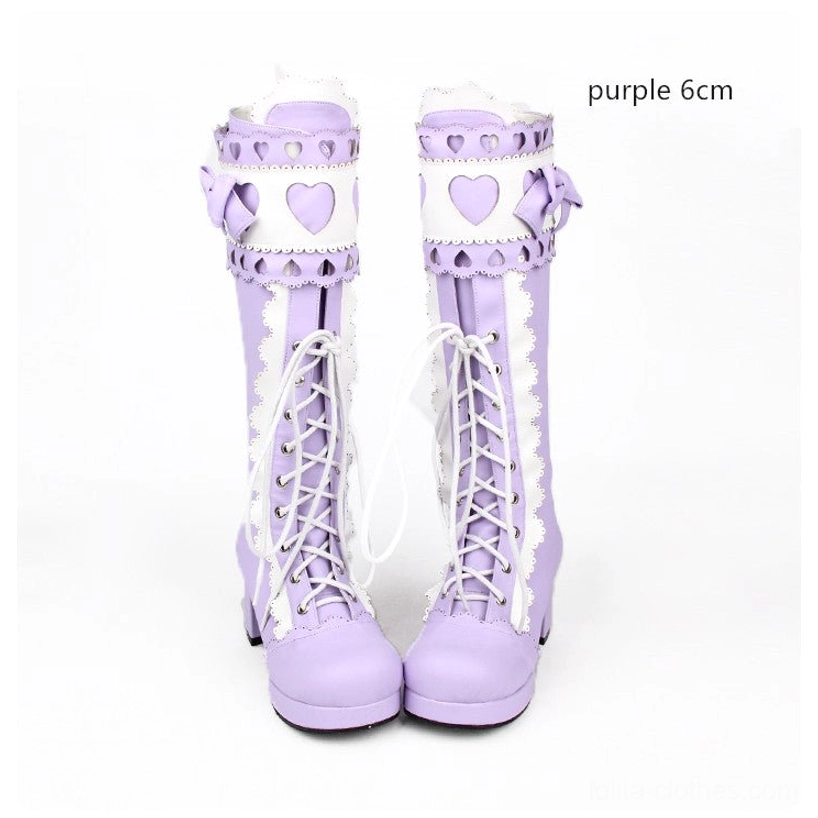 Pastel lavender purple lolita mid-calf boots with 6cm heel labeled close-up front detail showing heart patches and decorative trims