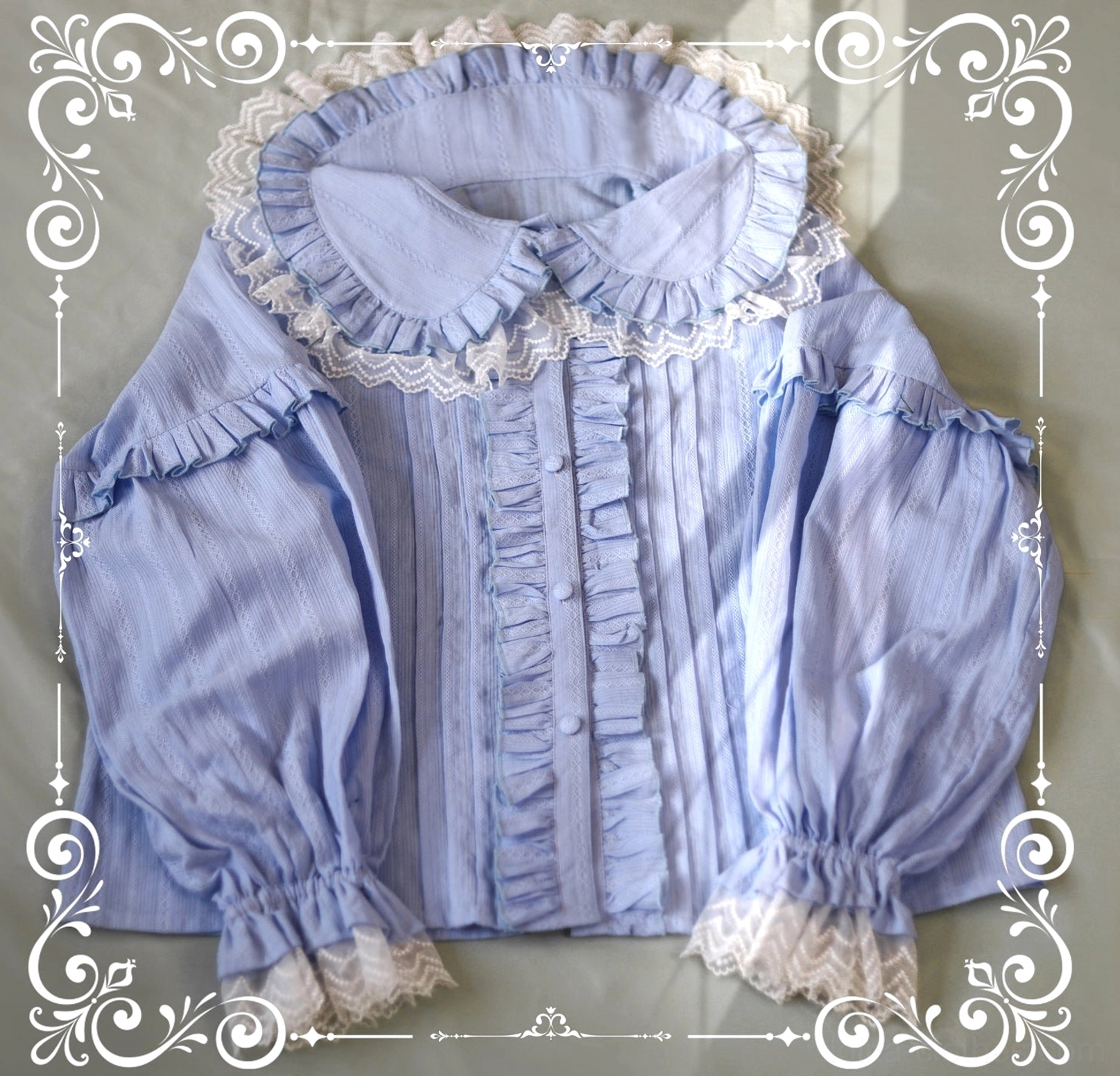 Lavender Purple Lolita Long-Sleeve Blouse Ruffled Doll Collar Bishop Sleeves Soft Striped Fabric
