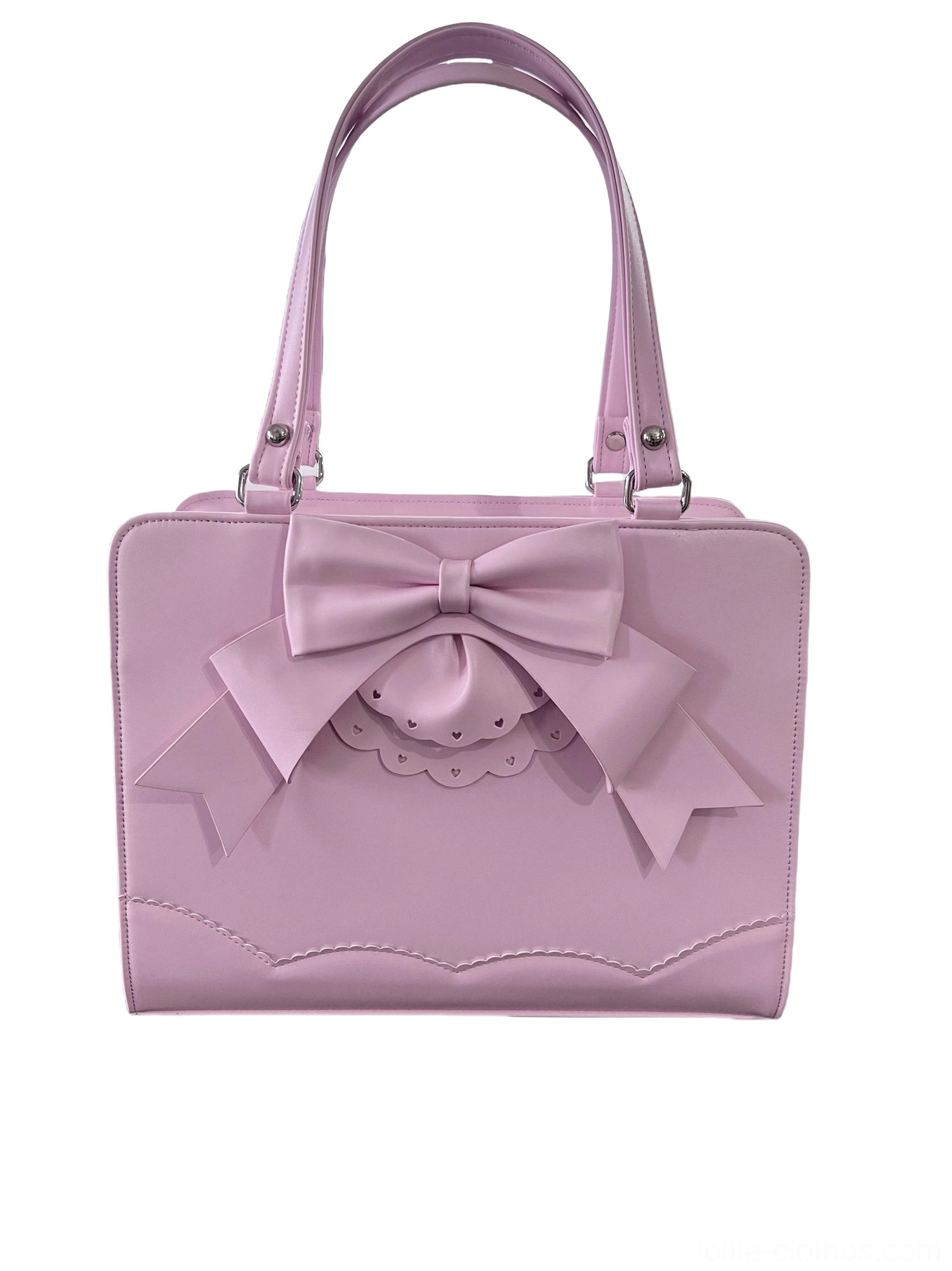 Lavender purple Lolita PU top handle handbag with large front bow lace applique and silver hardware