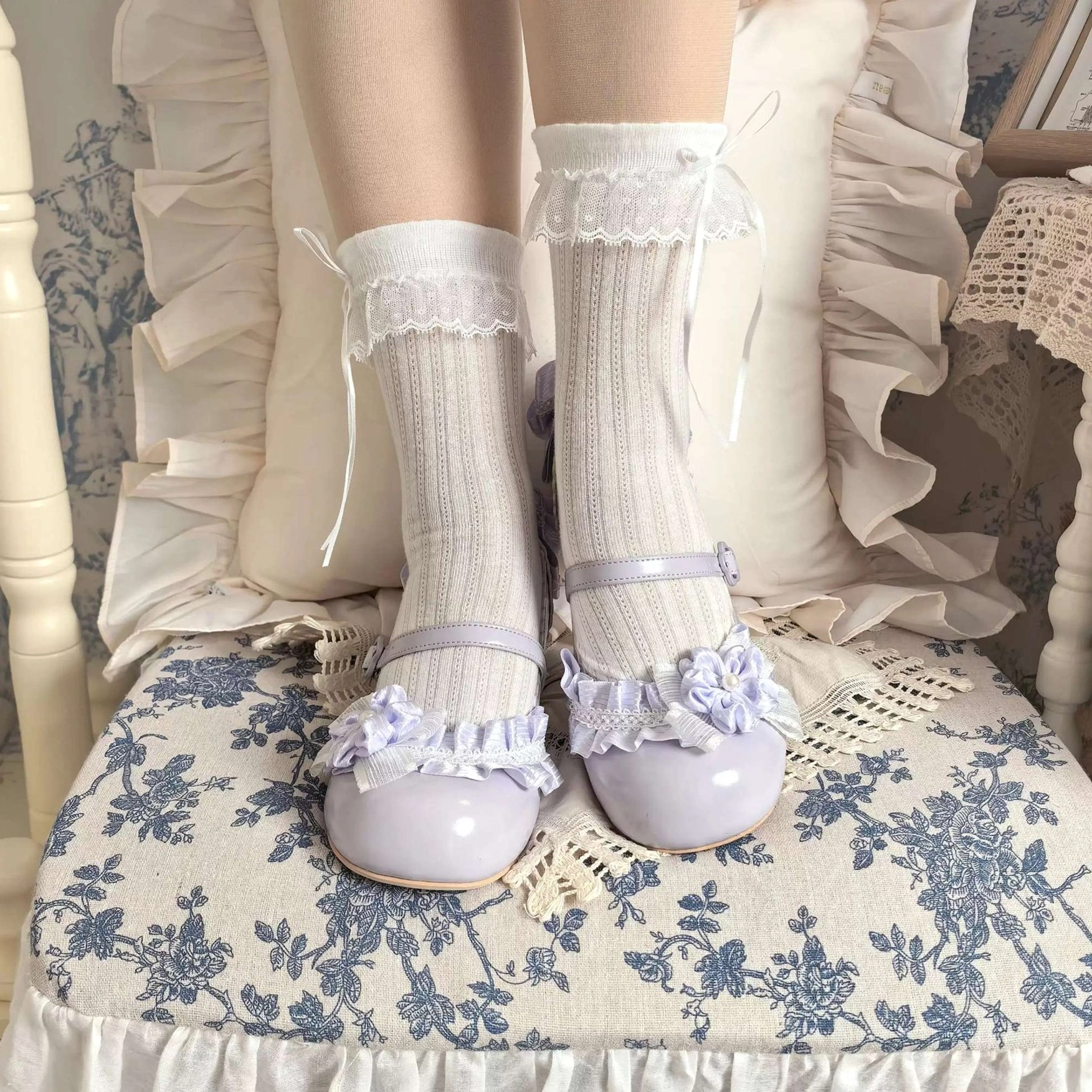lavender purple sweet lolita mary jane heel shoes on model feet side view ruffled lace socks purple floral toe trims ankle bow