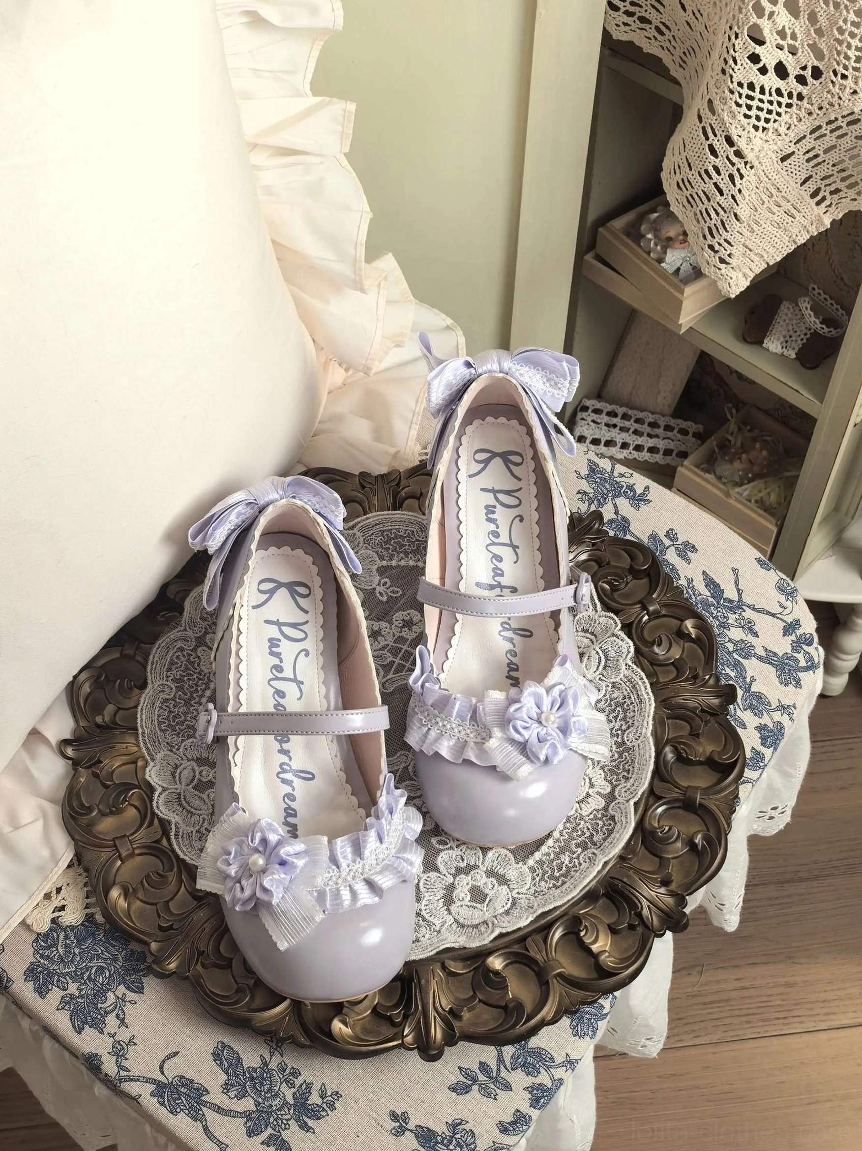 lavender purple sweet lolita mary jane round toe heel shoes overhead flat lay floral applique toe caps satin ankle bow insole