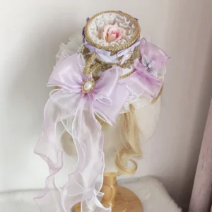 lavender organza rococo teacup lolita hat with pink preserved rose gold vintage lace trim pearl brooch elegant side view