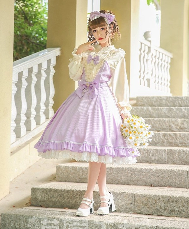 Ethereal lavender lolita OP dress with silver foil star printing full-body front three-quarter view outdoor villa staircase vintage aesthetic
