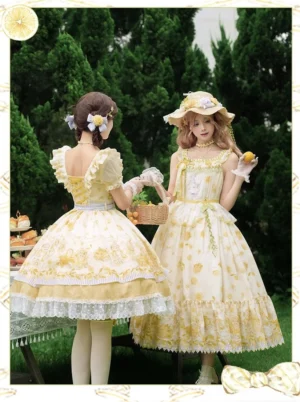 Back side double-model comparison shot of classic lolita lemon and bear OP dress featuring back bow detail, lace-trimmed skirt, and all-over cheerful print in garden tea party scene