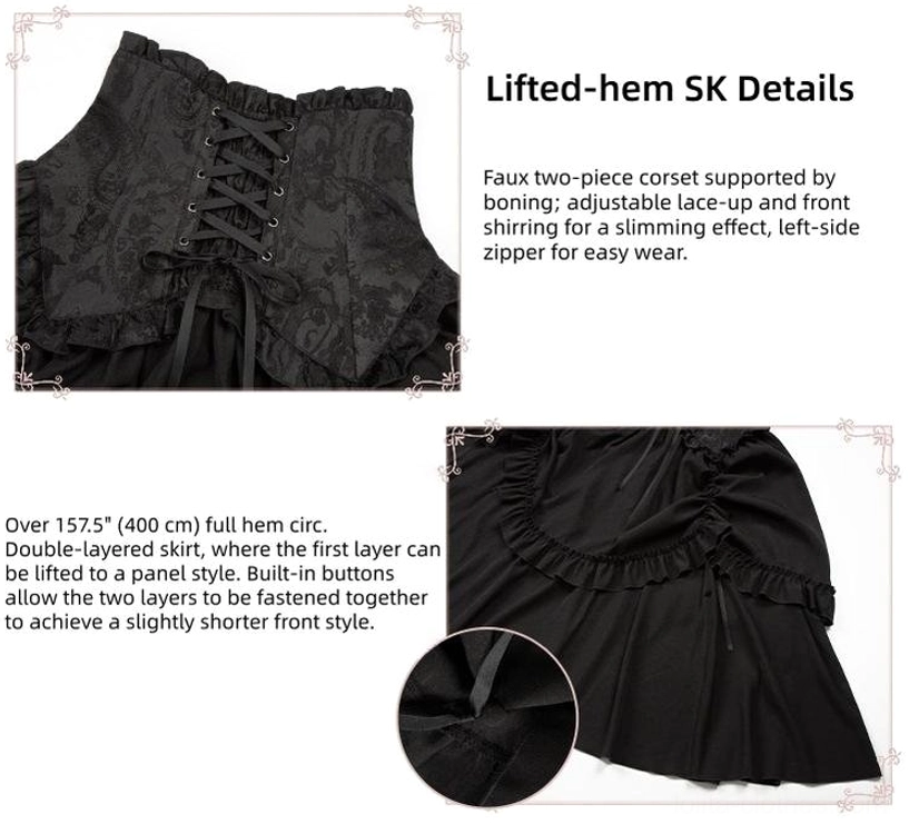 Lifted-hem Gothic Lolita corset skirt detail close-up flat lay double-layer front panel drapeable buttons 157 inch hem boned lace-up design