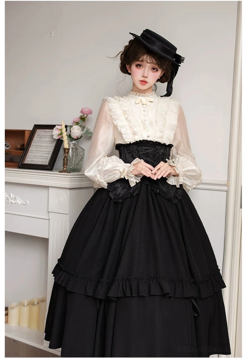 Lifted-hem Gothic Lolita corset skirt drapeable front panel shortened hemline styling variation artistic layering