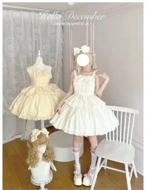 Light apricot pastel sweet lolita JSK jumper skirt with square neckline ruffled trims front view