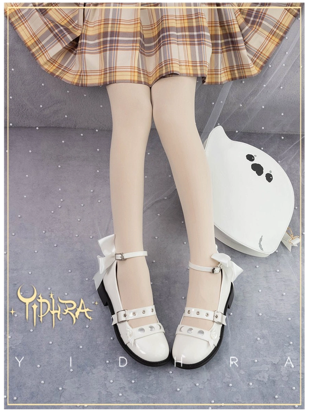 Light apricot warm-toned velvet Lolita tights with yellow plaid skirt and double-strap Mary Jane shoes - soft girl daily wear