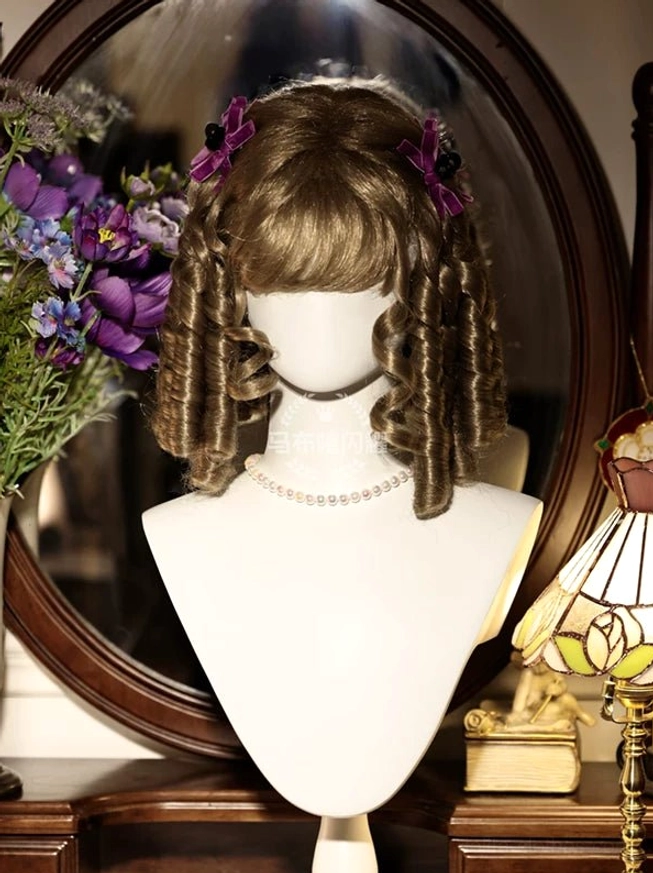 Light blonde lolita curly wig 28cm in-stock ringlet curls air bangs doll costume accessories