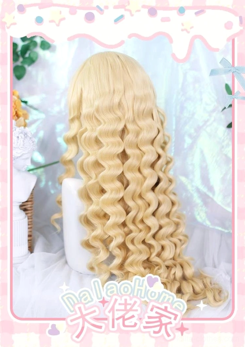 Sweet lolita long Roman curl wig in light blonde with full back view on mannequin head pink themed decorative border and vintage styling