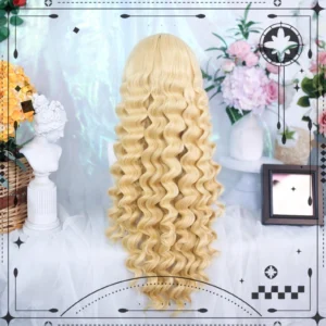 Light blonde sweet lolita long Roman curl wig with dense spiral curls shown in full back view on mannequin head with vintage floral background