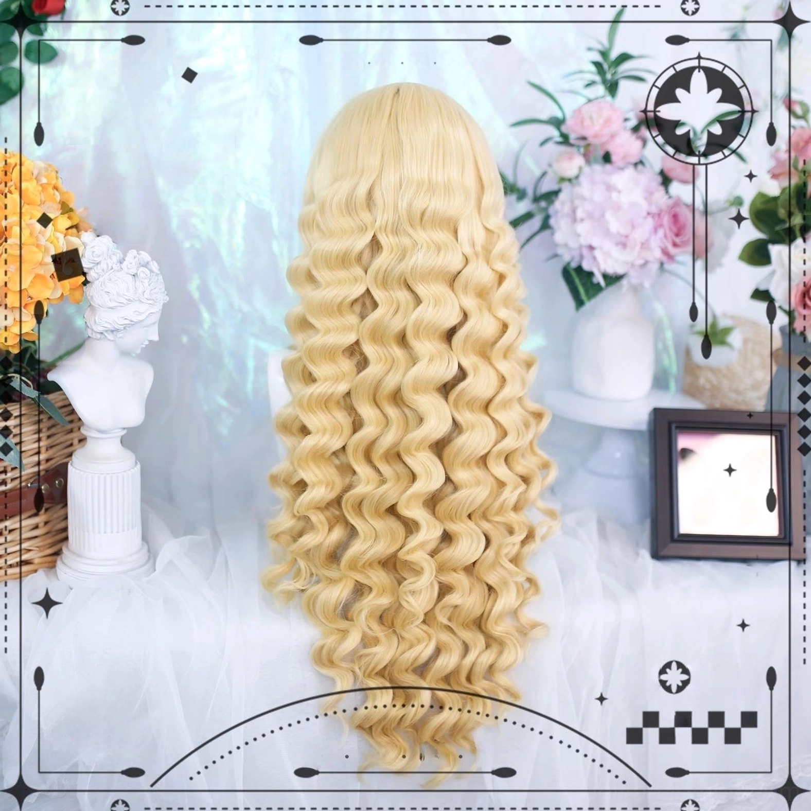 Light blonde sweet lolita long Roman curl wig with dense spiral curls shown in full back view on mannequin head with vintage floral background