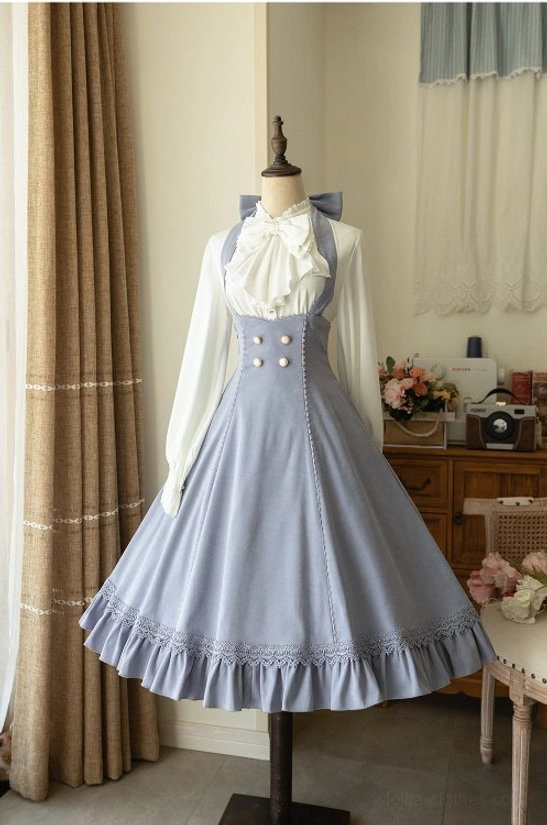 Light blue brushed fabric soft velvety vintage halter JSK dress, gentle serene dreamy lolita aesthetic full front dress form display