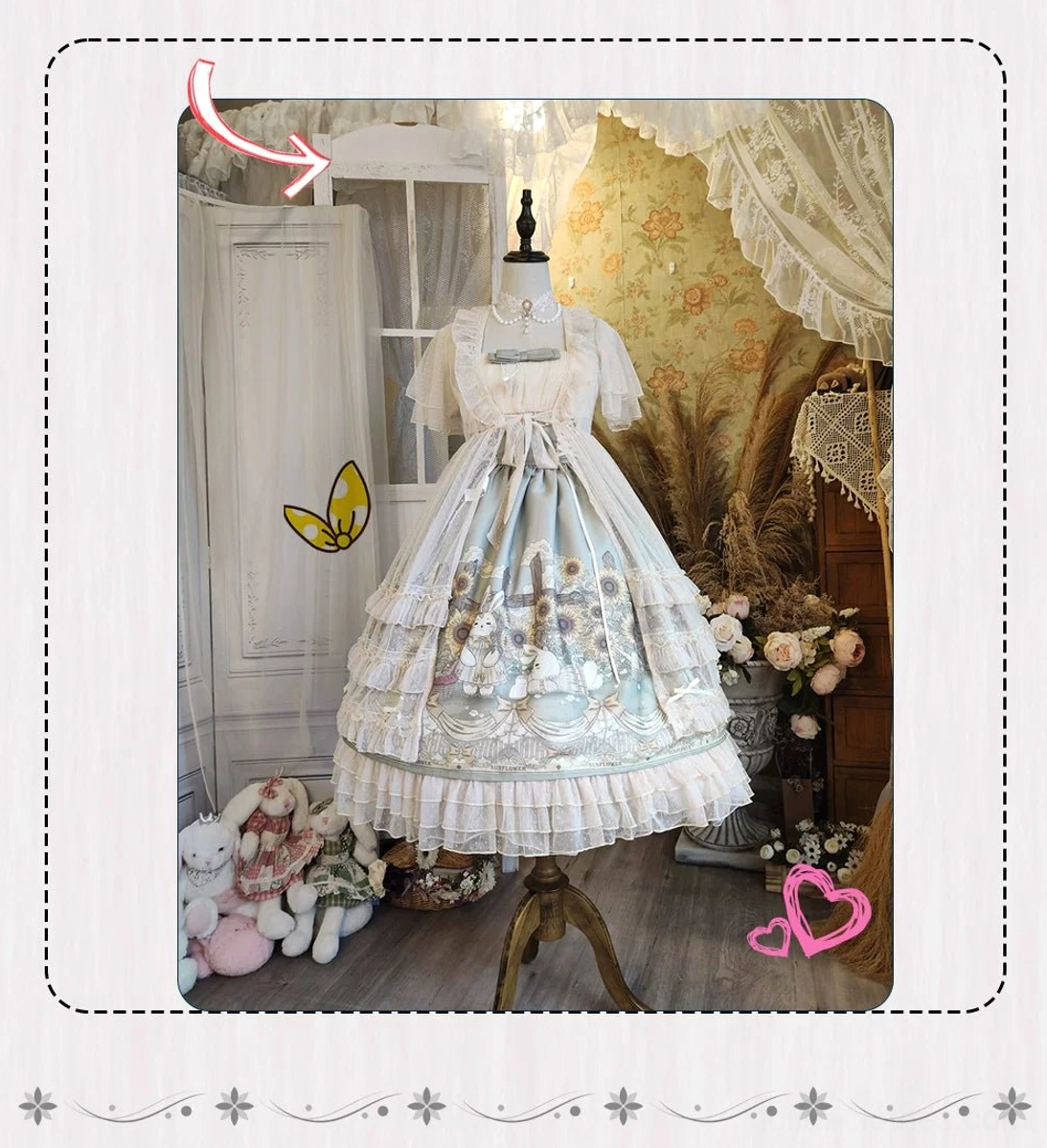 Light blue castle print vintage lolita dress with adjustable petticoat