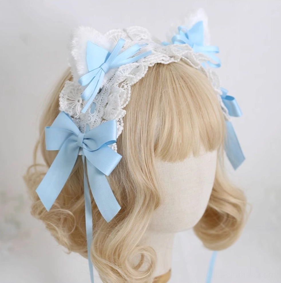 light blue cat ear lolita headband mixed size satin bows white lace trim hanging bow straps front close-up view
