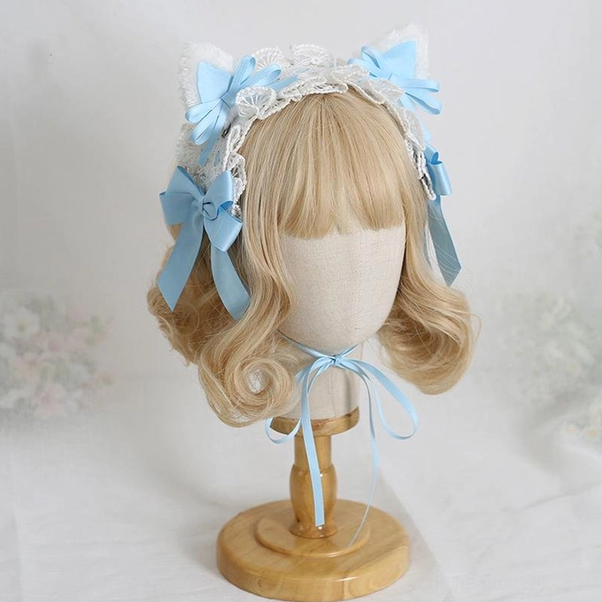 light blue cat ear sweet lolita headband delicate pastel satin bows white lace romantic styling