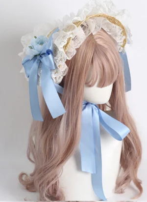 Light blue country lolita straw French hat with white lace trim and matching satin bow, displayed on mannequin with curly wig showing front three-quarter view