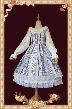 Light blue gingham sweet Lolita JSK dress with bishop sleeve blouse front view, patchwork prints, white lace trim, vintage frame background, complete coordinate styling