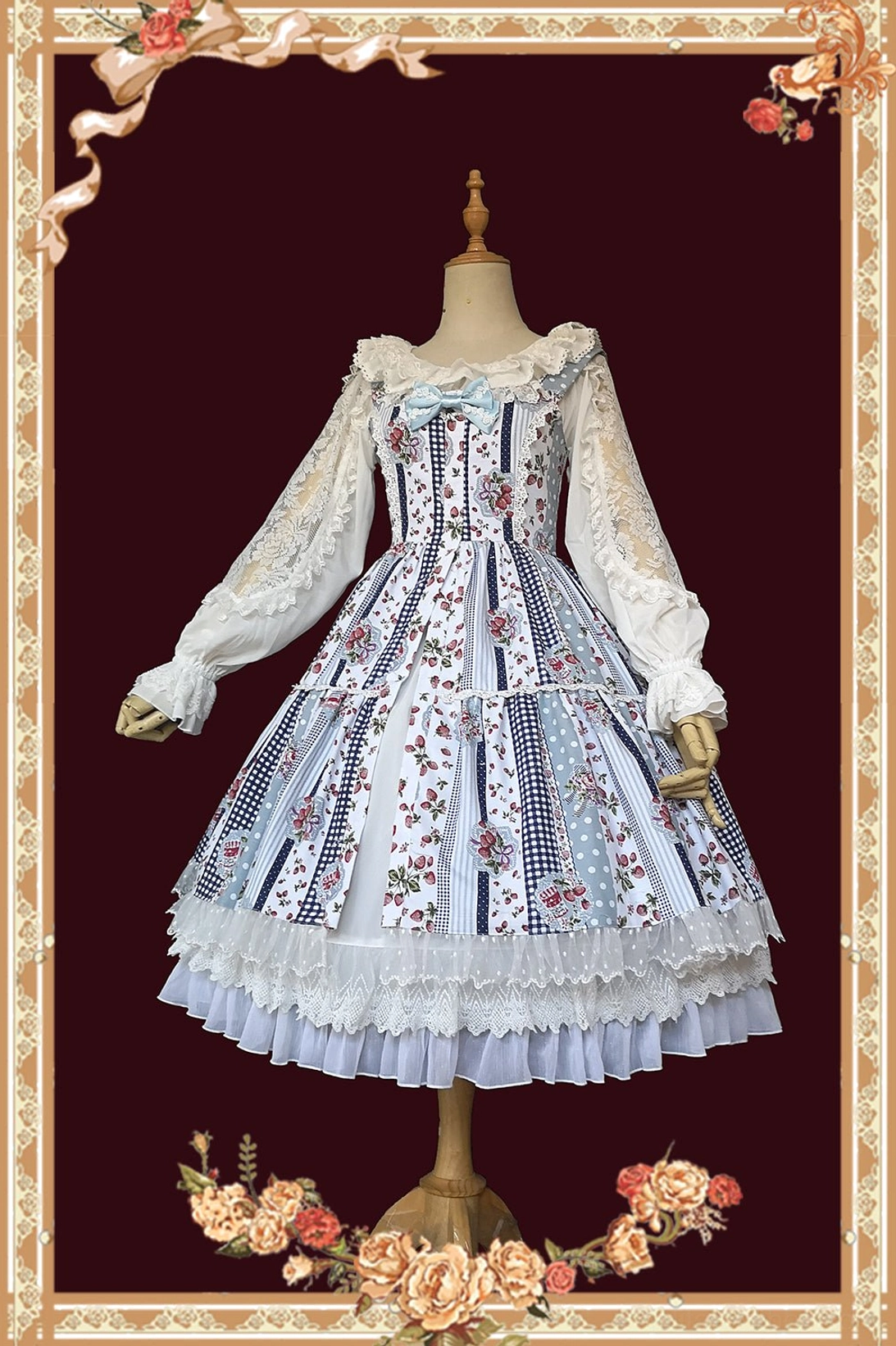 Light blue gingham sweet Lolita JSK dress with bishop sleeve blouse front view, patchwork prints, white lace trim, vintage frame background, complete coordinate styling