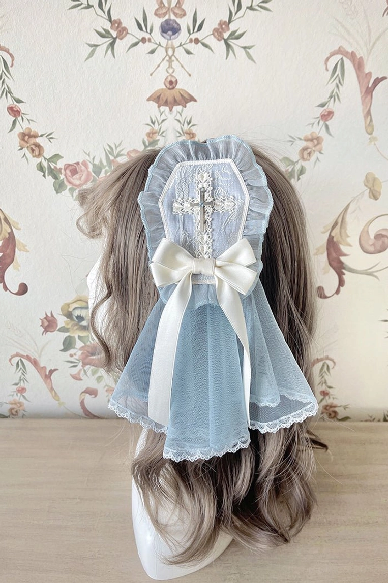 Light blue Gothic Lolita hair veil bow clip with silver cross decoration and lace edge headband