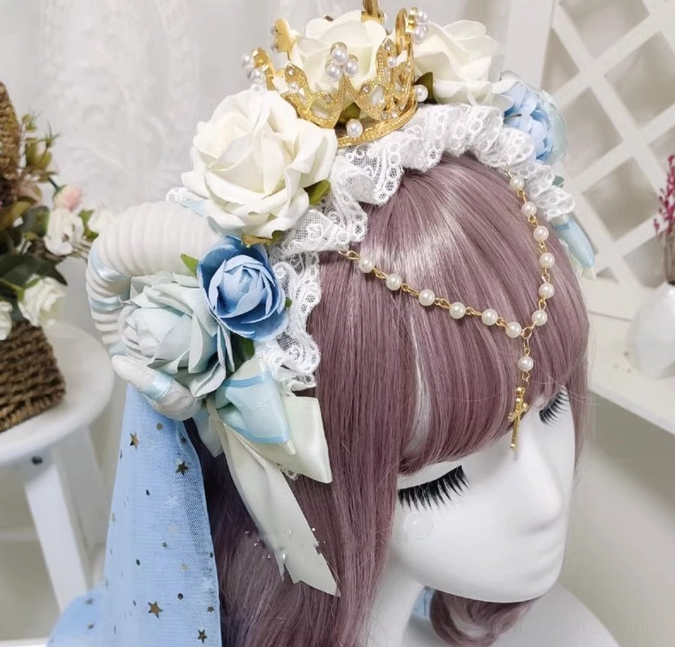 Light blue Gothic Lolita rose crown headdress with gold crown pearl ornaments star veil tulle detachable design fashion accessory