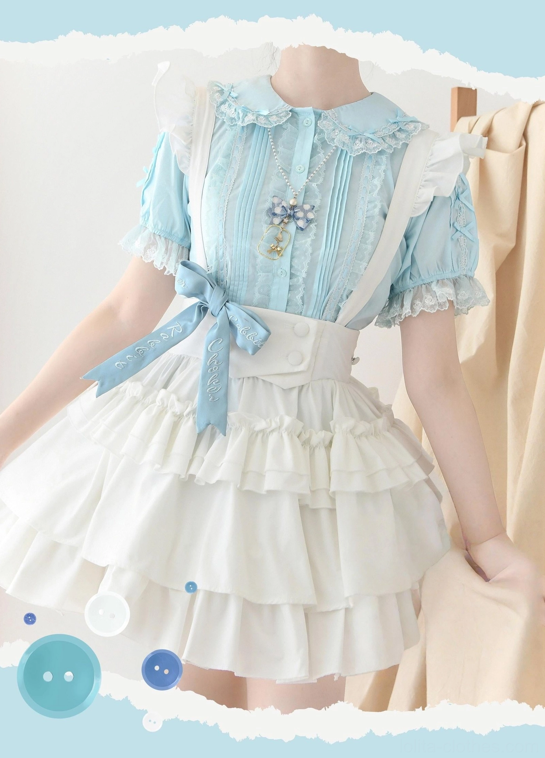 Half-body model coordinate light blue lolita blouse with white ruffled tiered skirt and blue bow waist belt sweet lolita outfit