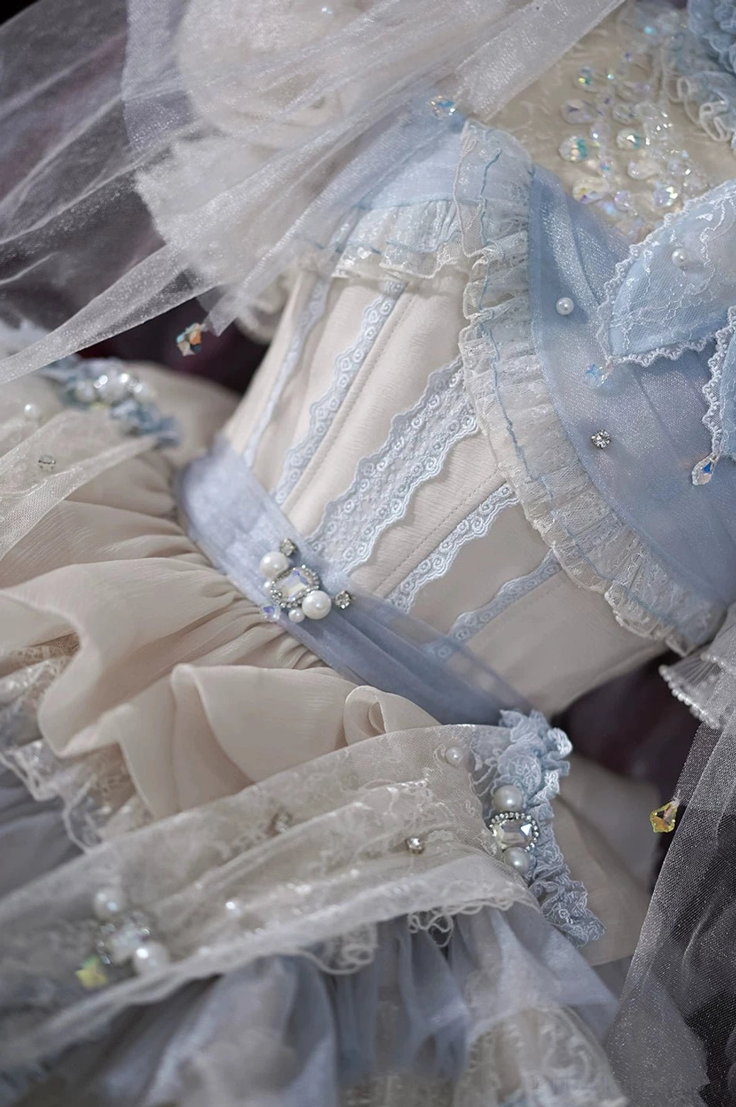 Light blue Lolita headdress veil with sheer tulle overlay blue satin waistband crystal pearl trim side detail