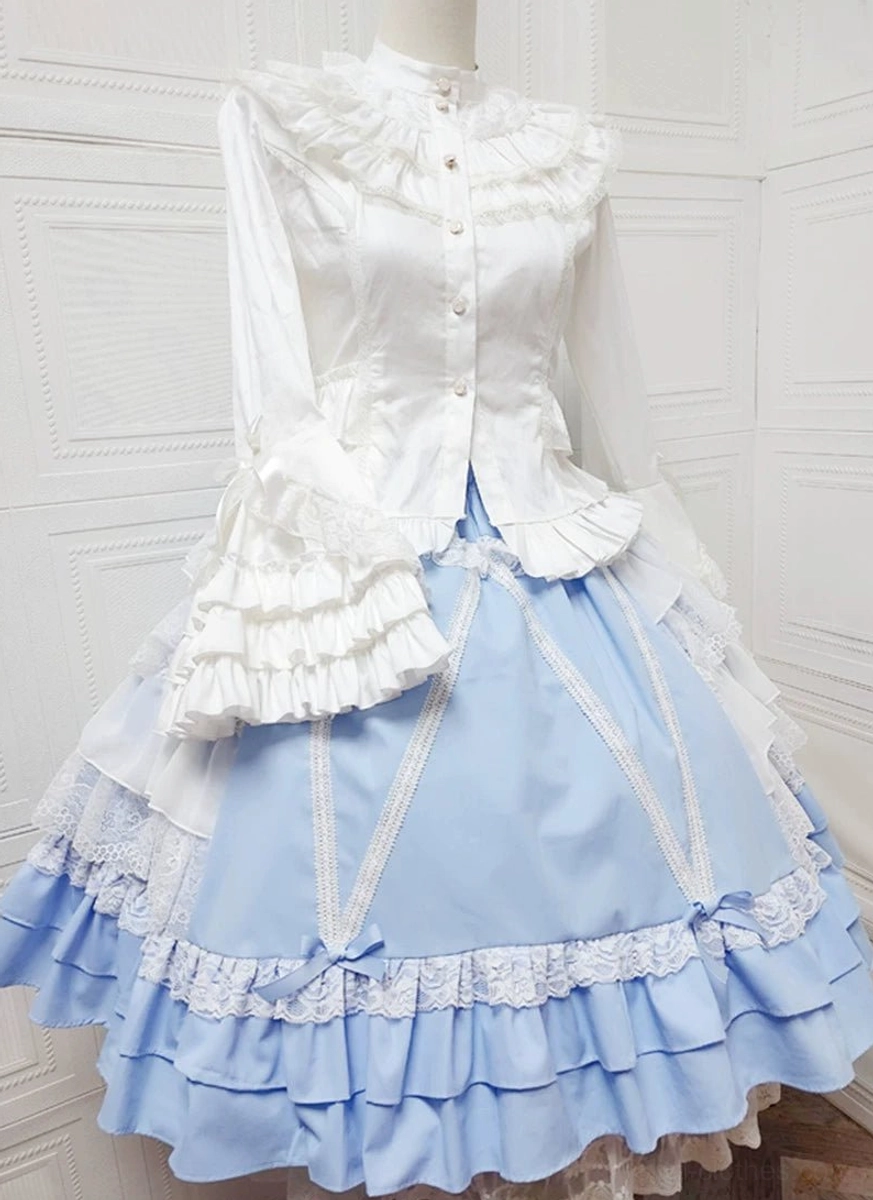 Light blue solid Old School Lolita tiered skirt white ruffled stand collar blouse front view
